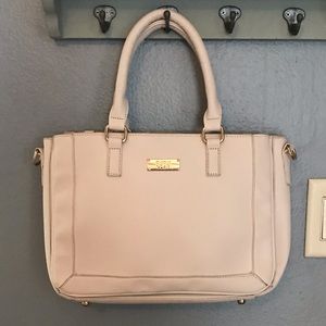 BCBG ivory saffiano leather purse with long strap
